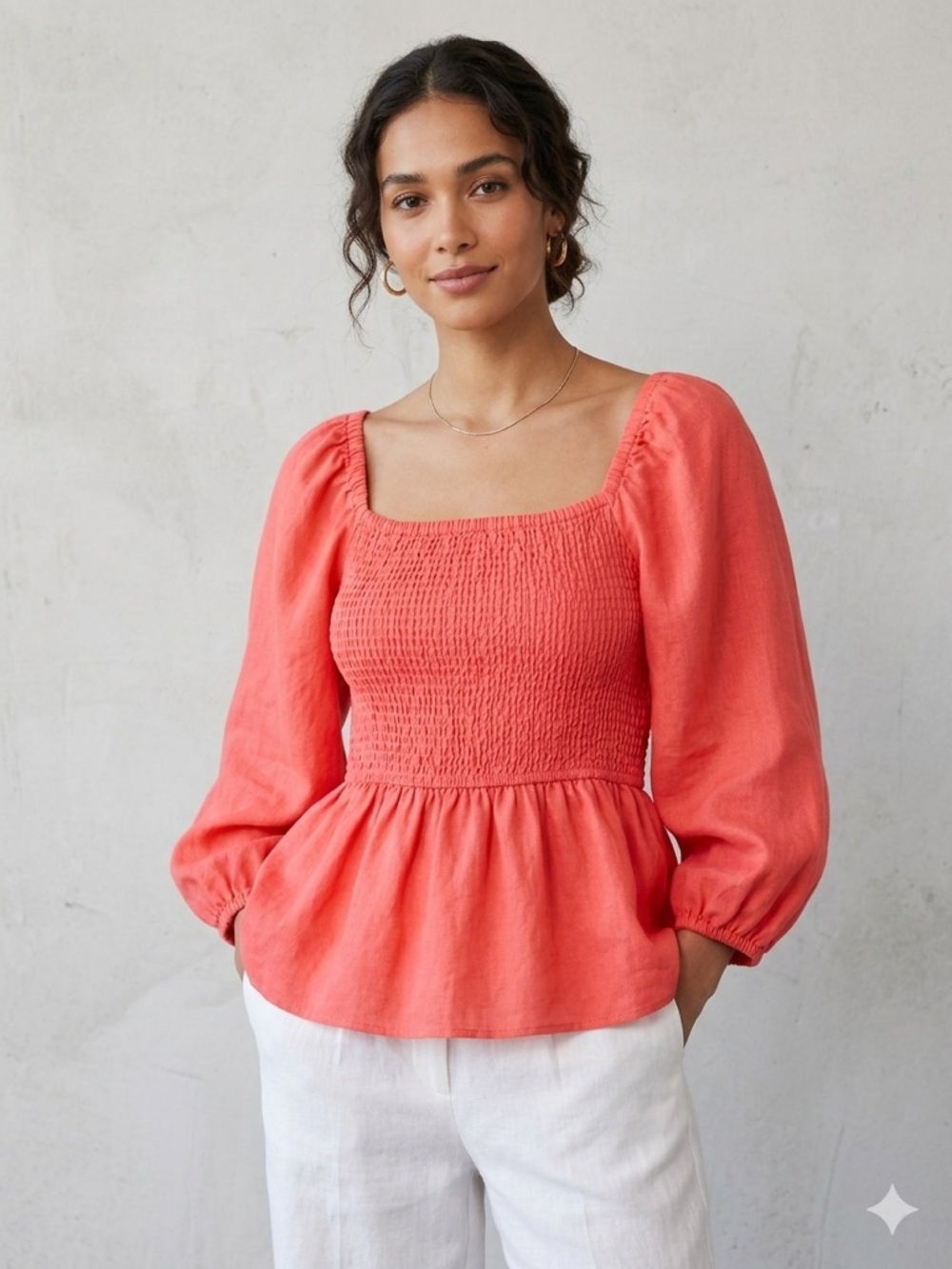 NWOT M&S Linen Puff Sleeve Peasant Smocked Blouse in Flamingo,size 16